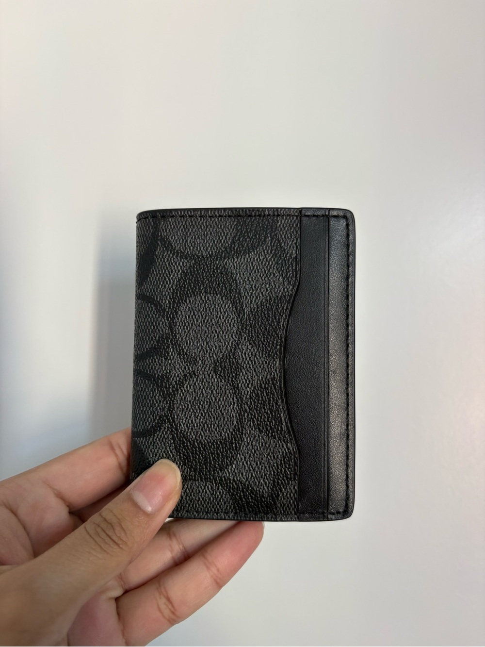 Coach Black Signature Card Holder with Leather Trim